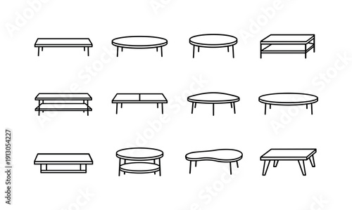 Modern Low Coffee Table. Line icon set of Modern Low Coffee Table: modern low table, thin tabletop, slim legs, minimalist design,