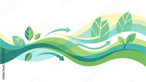 Abstract Flowing Leaves and Green Waves Representing Environmental Wind