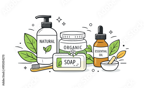 Organic and natural products. A clean arrangement of eco-friendly products with leaves and simple labels, calm and trustworthy