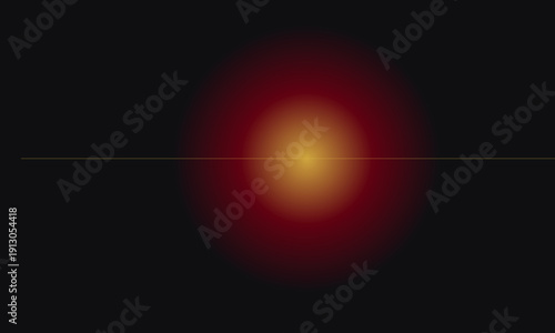 Abstract Black Background with Central Glowing Red and Yellow Sunburst Gradient and Horizontal Line.