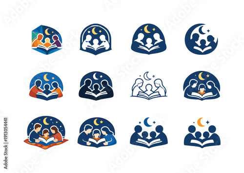 Encouraging family hobbies and creative activities. Icon set. Set Logo of encouraging family hobbies and creative activities: evening