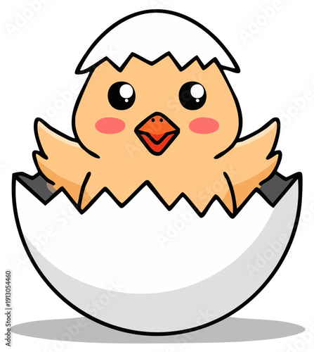 Cute cartoon chick hatches from a cracked egg with a cheerful expression and pink cheeks