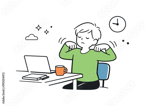   Physical tiredness. A simple character stretching stiff shoulders beside a desk, with small motion lines indicating heaviness and slow