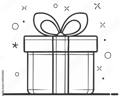 Gift box with bow and decorative elements, outline illustration