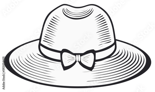 Elegant wide brim hat with bow drawing in black and white, fashion accessory