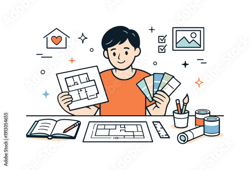 Home renovation planning. A person reviewing renovation plans and color samples at a tidy desk, feeling focused and optimistic