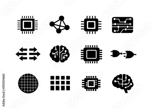 Artificial Intelligence Chip. Solid icon set of Artificial Intelligence Chip: ai chip, neural network nodes, processor core, circuit board,