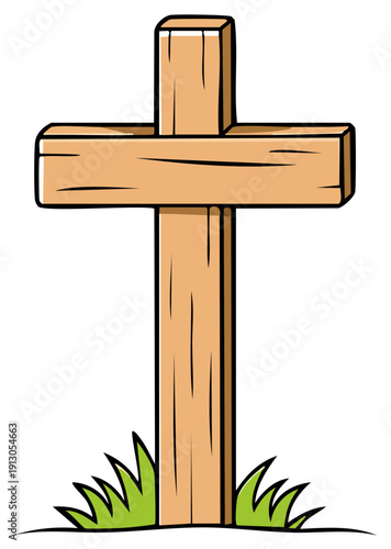 Wooden Cross Simple Illustration with Grass Christian Symbol Religious Icon