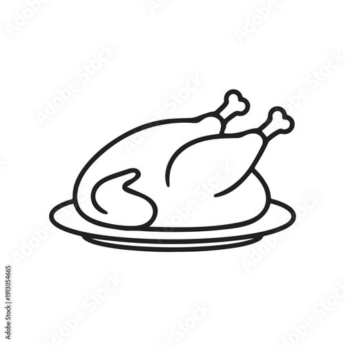 
Line drawing of roasted turkey on platter, festive holiday meal concept