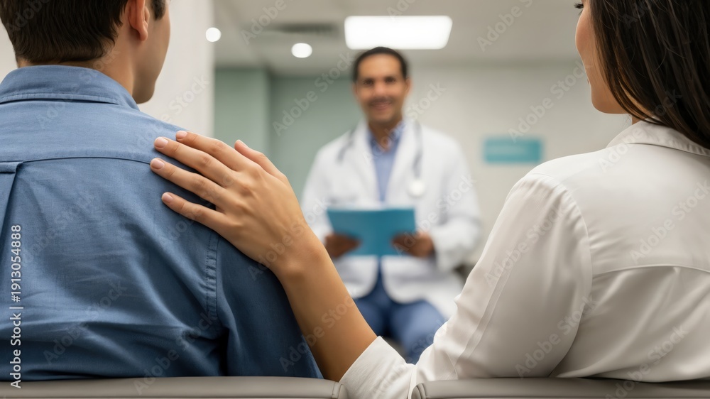Obraz premium Young adult couple receiving medical diagnosis from doctor, supportive wife hand on husband shoulder