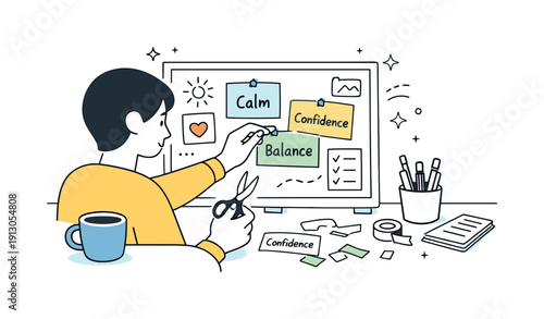 A person creating a vision board with emotional goals and aspirations for the future. A focused moment of cutting and pinning notes with