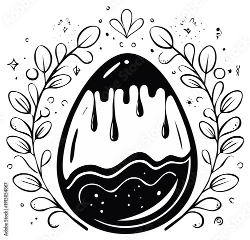 Black and white Easter egg illustration decorated with floral elements