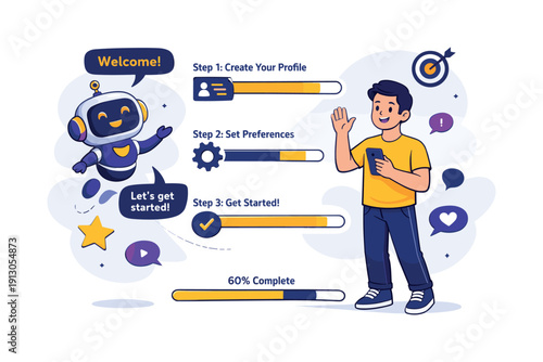  Smart onboarding. Chatbot guiding a new user step by step, progress bars and icons floating