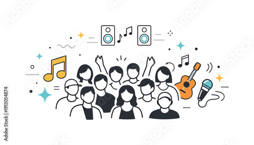 Concert audiences. Abstract composition of crowd figures and music icons blending together. A visual metaphor for collective listening and