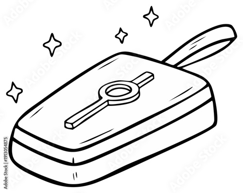 Stylized cartoon car key fob with a loop and glowing stars around it