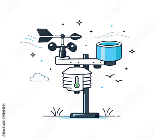 Weather Station Illustration. Weather monitoring stations. Compact station with wind vane, rain gauge, and temperature sensor under a clear sky. Sense of