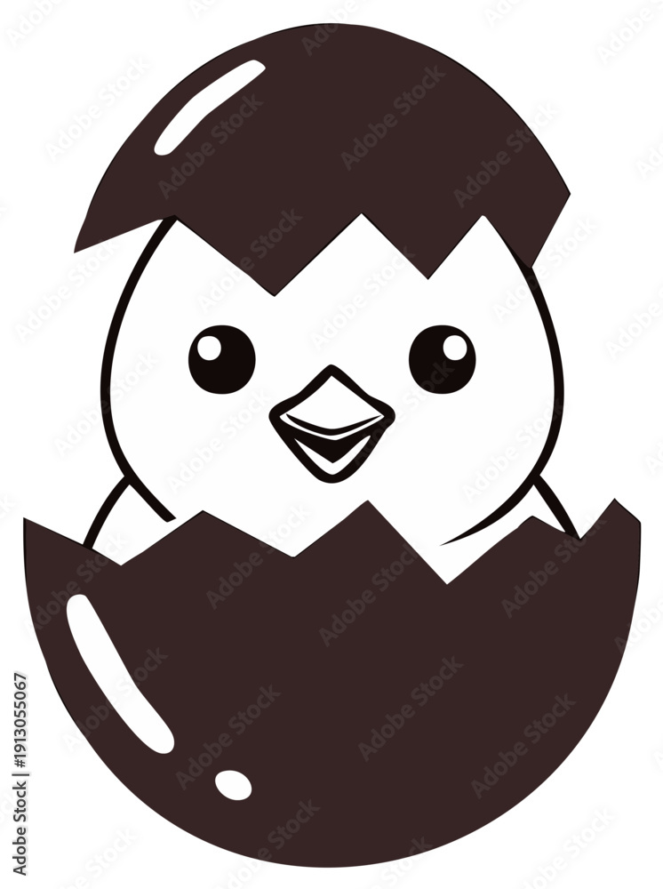 Obraz premium Adorable cartoon chick hatching from a dark brown egg with a cheerful expression