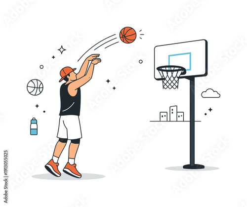 Street basketball shooting. Player releasing the ball toward the hoop with smooth motion lines. Editorial urban sports scene highlighting