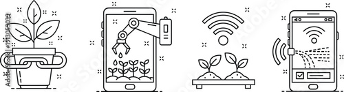 Set of Smart Farming Line Icons Featuring Robotic Arm Watering Plants Smartphone Control Wireless Wifi Connection and Sustainable Agricultural Technology Isolated on White Background