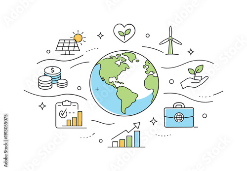 Responsible finance future. A simplified globe surrounded by finance and sustainability icons, abstract curves suggesting global positive
