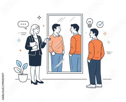 Reflective Professional Exchange. Mirror reflection with client. A professional and a client standing in front of a mirror, calmly discussing the reflection,
