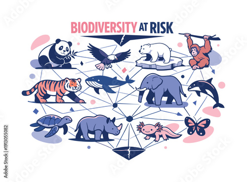   Biodiversity at risk. Different endangered species connected by lines forming an ecosystem