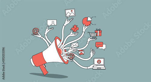 A creative illustration of a megaphone with multiple hands holding various digital communication icons
