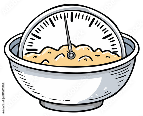 Creative illustration of a kitchen scale with a bowl of cereal and milk indicating a measurement