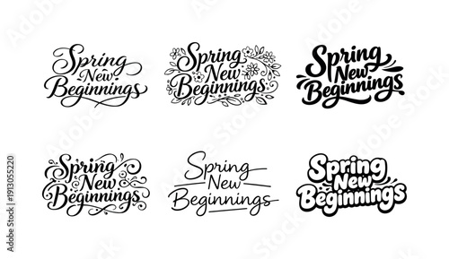 Spring new beginnings. Set lettering. harmonious lettering variations of the same emblematic concept, each with different artistic