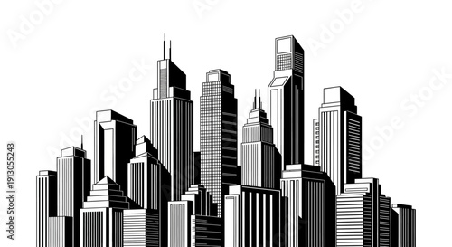 City skyline with tall buildings.