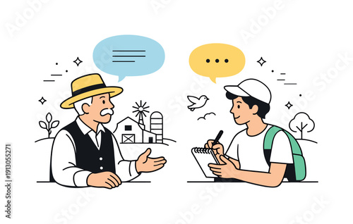 Rural storytelling documentation. A calm scene of an elder speaking while a young documentarian listens and takes notes. Focused interaction,