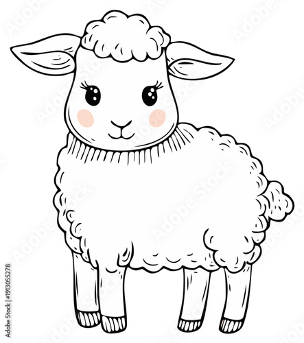 Cute hand drawn sheep standing with fluffy wool and rosy cheeks