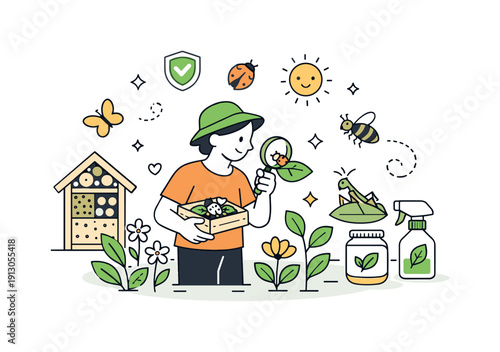 Eco-friendly pest management. A character using natural solutions like beneficial insects and healthy plants, with no aggressive action