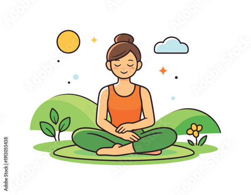   Spring yoga outdoors gentle pose performed under open sky with light greenery and warm daylight, symbolizing mindfulness, health and fresh