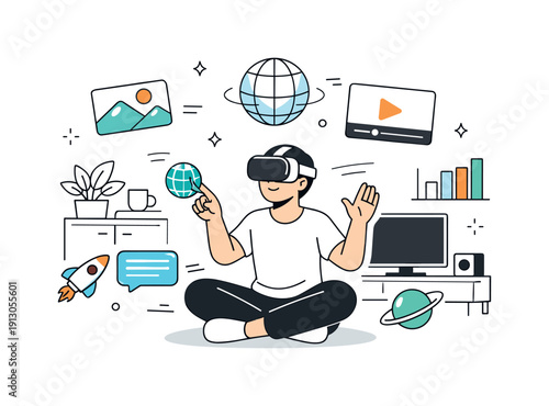 Interactive home entertainment experiences. A person using a VR headset in a tidy living space, with abstract interactive elements floating