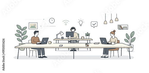    Minimal coworking interior mood. A spacious room with long tables, plants, and a few focused workers seated far apart. Silence, clarity, and
