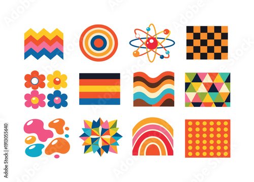 Retro Pattern Icons. Retro Prints. Colorful flat vector icons set of Retro Prints: zigzag chevron, concentric circles, atomic burst, checkerboard, mod flowers,