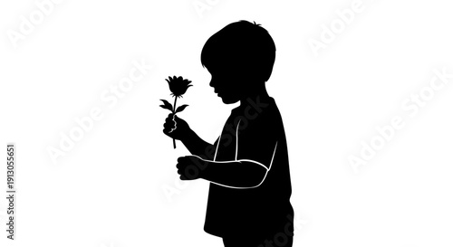Young Boy Holding Flower Silhouette Profile.