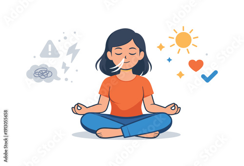 Taking time to breathe and relax after a busy day a symbolic scene where stress icons fade away as breathing becomes steady, expressing