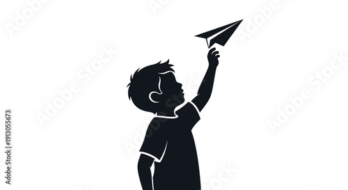 Young Boy Holding Paper Airplane Silhouette.