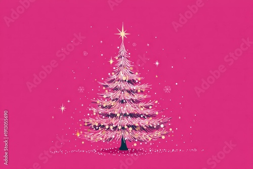 Christmas tree with glowing lights and sparkling decorations on pink background festive holiday celebration and winter seasonal design with star on top and glitter