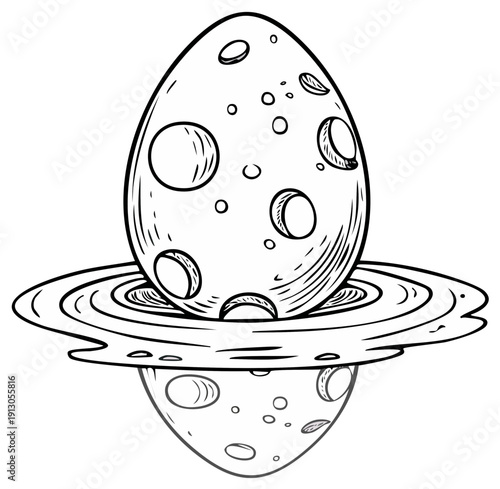 Cosmic Egg Floating on Rings with Reflection, Hand-Drawn Style