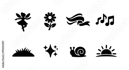   Whimsical fairy dance. Filled icon set of Whimsical fairy dance: fairy spin pose, daisy