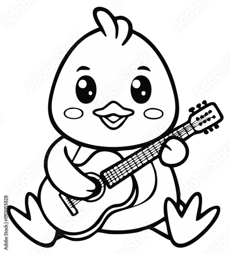 Cute little duckling plays guitar for fun and entertainment in cartoonish outline drawing, outline of a duckling plays the guitar