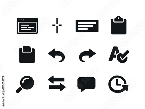   Digital text editing. Solid icon set of Digital text editing: text editor window, blinking cursor, select text block, copy clipboard, paste