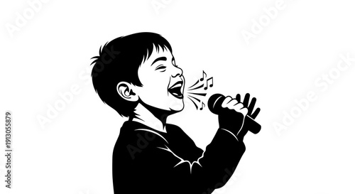 Young Boy Singing into Microphone.