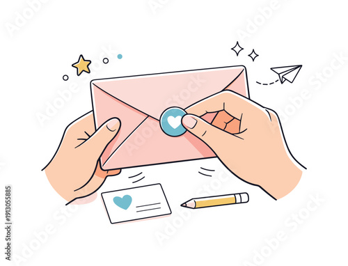 Sealing Pastel Envelope. Envelope pastel colors. A person gently sealing a pastel envelope with a small sticker, symbolizing thoughtful messaging and quiet