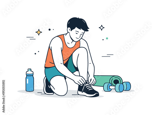 Fitness motivation. A person tying their sneakers before a workout, calm and determined. The scene captures a quiet moment of readiness and