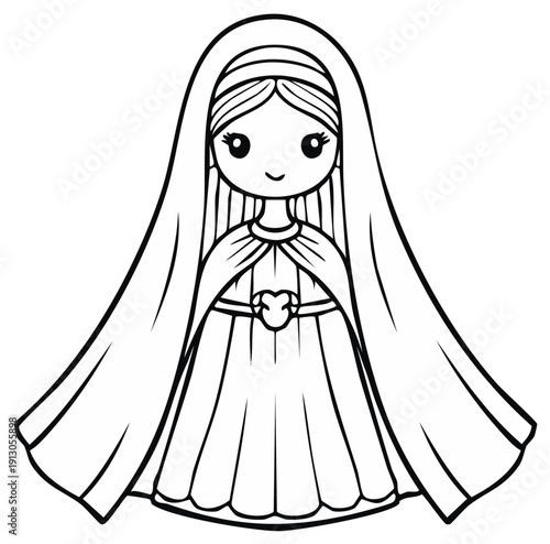 Cute cartoon character illustration of a saintly figure with a veil and dress