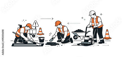 Road and street maintenance. Workers painting lines or fixing pavement with minimal machinery. Editorial depiction of care, precision, and
